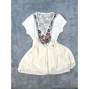 Boho Embroidered Peasant Top Lace back Womens XS cream festival hippie tassel